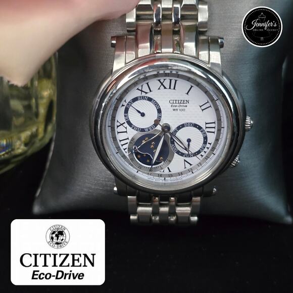 Citizen Eco-Drive Men's Silver Stainless Steel Moon Phase Watch - Picture 1 of 16